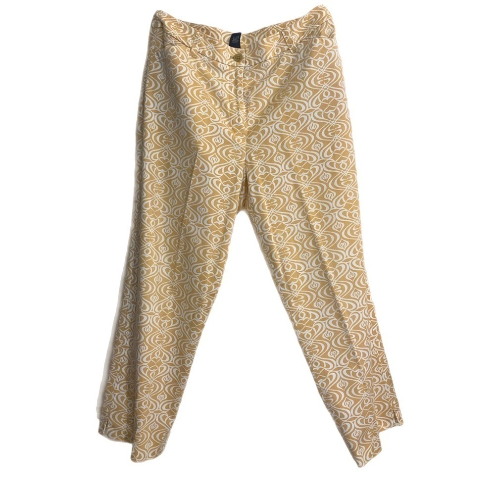 Jones New York cotton & Lycra stretch tan & white filigree pattern ankle pants